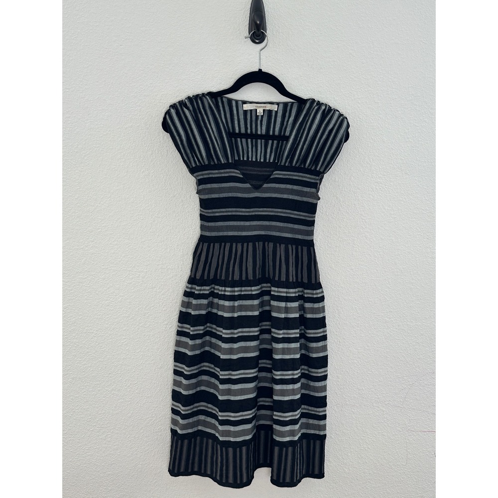 Studio M Striped Knit Smocked Open Neck Midi A-Line Dress Black Grey Large